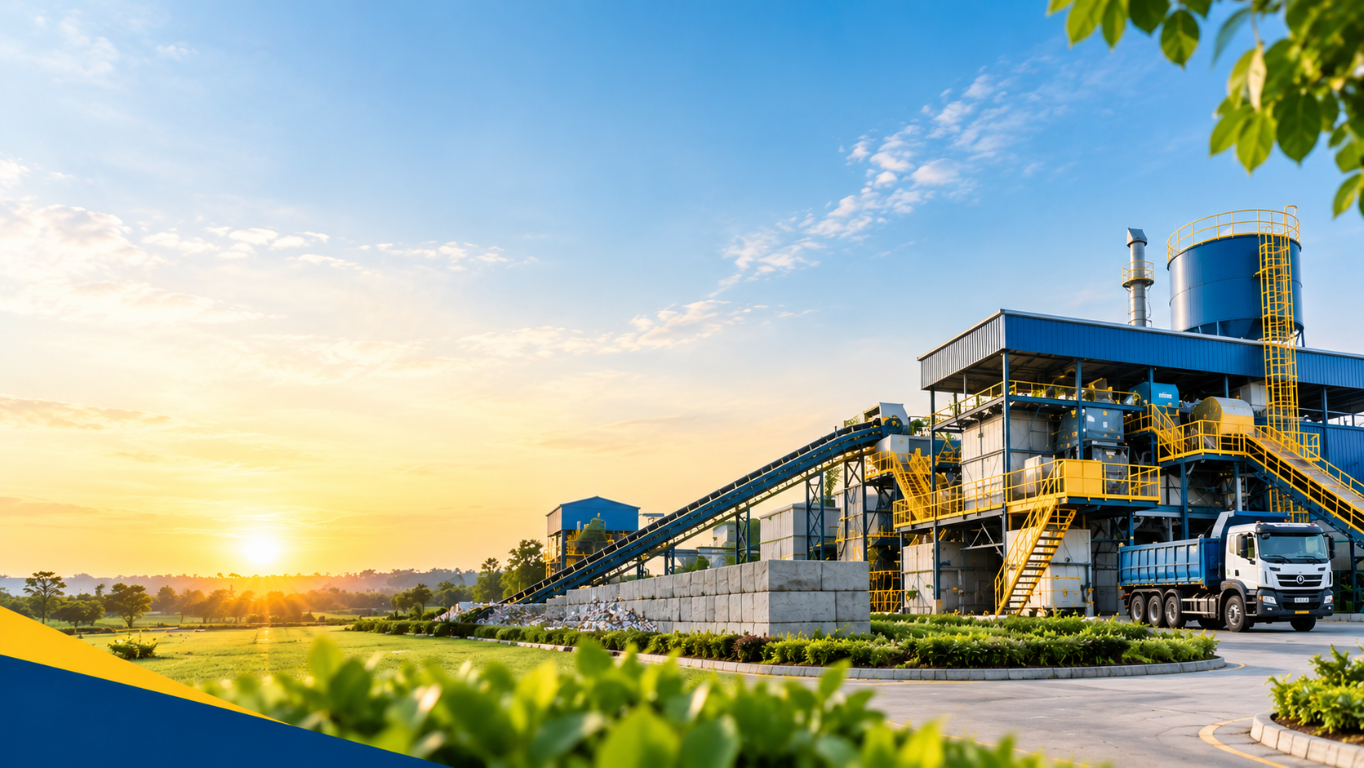 Ecostan-style recycling plant with waste processing equipment at sunset