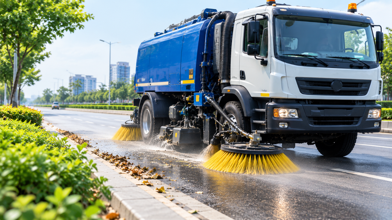 Road sweeper cleaning a city street